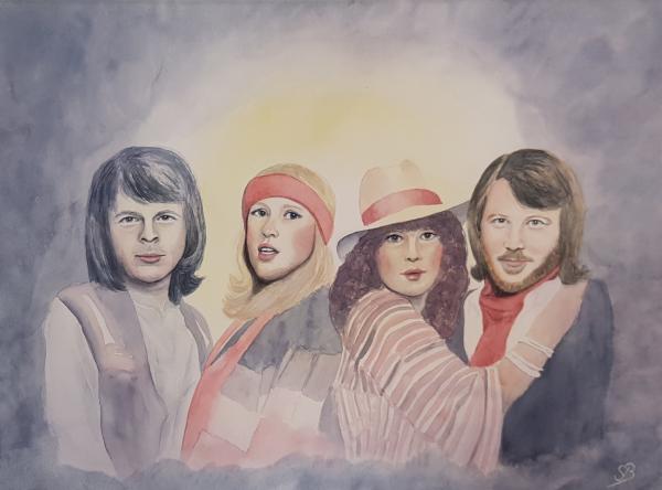 Grosses Aquarell Original Bild Gemälde  ABBA  56 x 42 cm - Björn, Agnetha, Frida und Benny